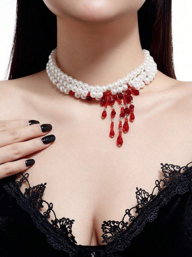 Halloween Blood Drop Tassel Pearl Crystal Necklace