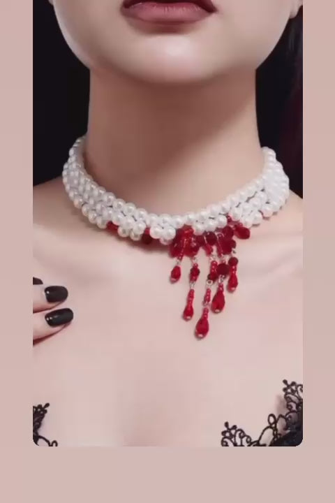 Halloween Blood Drop Tassel Pearl Crystal Necklace